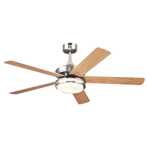 Transitional Castle 52 Inch Brushed Nickel Indoor Ceiling Fan With LED Light Kit and Opal Frosted Glass, 5 Wooden Blades