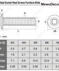 Diagram showing M6 x 35mm socket cap bolts with barrel nuts for furniture assembly specifications and dimensions.