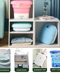 Compact Foldable Portable Washing Machine With Spin Dryer Bucket For Travel And Home Laundry in a storage shelf