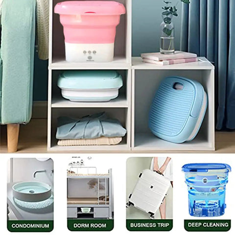 Compact Foldable Portable Washing Machine With Spin Dryer Bucket For Travel And Home Laundry in a storage shelf