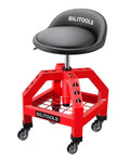 Adjustable Rolling Shop Stool With 360 Degree Swivel Padded Seat And Backrest Height Range From About Twenty One And A Half To About Twenty Nine And A Half Inches 330 Pound Weight Capacity Wheels And Tool Storage Shelf For Garage Workshop Auto Repair with red frame and black seat
