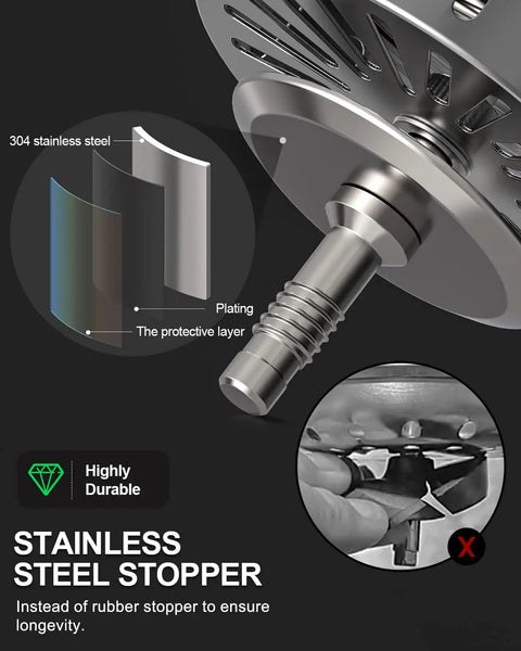 304 Stainless Steel Kitchen Sink Drain Strainer Assembly Kit close-up of durable rustproof stopper design
