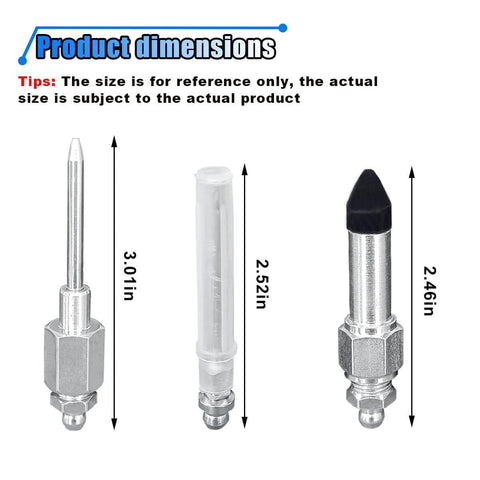 Pro Grade Grease Gun Needle Kit 7 Pieces With 5 Nipples 1 Needle Dispenser And 1 Rubber Joint Nipple for Tight Spaces dimensions