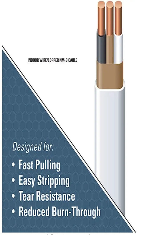 SimPull Solid Indoor 14/2 NM-B Cable With Ground, 50 Ft Coil, Copper Building Wire, diagram showing cable features