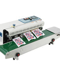 Pro Level Automatic Commercial Bag Sealer Machine With Built In Inkjet Printer High Speed Heat Seal System 110V sealing colorful bags on a green conveyor.