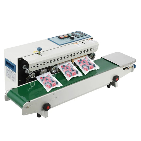 Pro Level Automatic Commercial Bag Sealer Machine With Built In Inkjet Printer High Speed Heat Seal System 110V sealing colorful bags on a green conveyor.