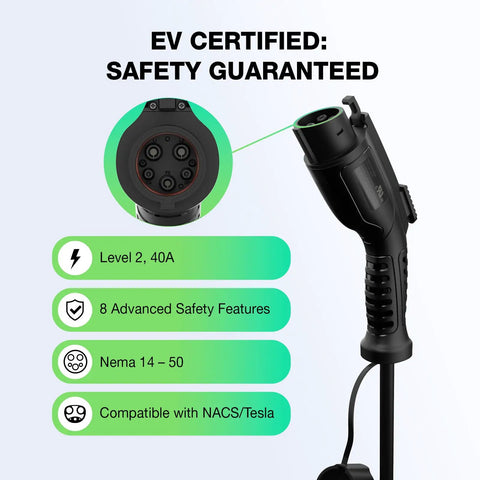 40A Level 2 EV Charger for Home 240V Smart Charging With Adjustable Amps 8A to 40A App Control J1772 Connector, NEMA 14-50