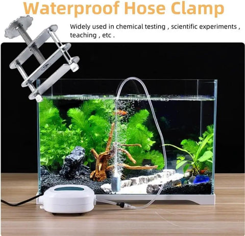 12Pcs Heavy Duty Tube Water Stopper Steel Telescopic Flow Control Tubing Clamps on fish tank with air pump demonstration