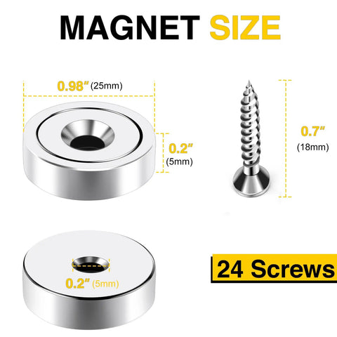 Heavy Duty Round Mounting Magnets With Screws 80 Lbs Hold 12 Pack shown with dimensions of 0.98 inches and 0.7 inch screw height