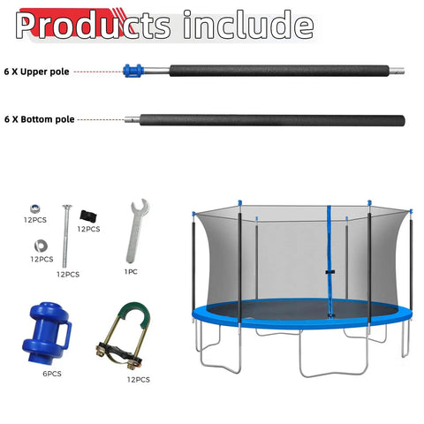 Complete Six Piece Trampoline Replacement Enclosure Poles With Thick Foam Sleeves and Secure Caps for Straight Frame Nets and accessories.