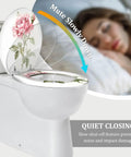 Elongated Toilet Seat White Resin for Bathroom with floral design, featuring quiet closing mechanism and slow shut-off.