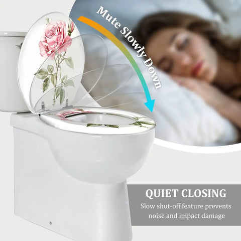 Elongated Toilet Seat White Resin for Bathroom with floral design, featuring quiet closing mechanism and slow shut-off.