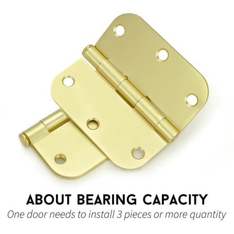18 Pack 3.5 Inch Polished Brass Door Hinges With Five-Eighth Radius Corners Includes 108 Matching Screws In Brushed Brass Satin Gold Finish For Interior Doors Ships Fast displayed overlapping on white background