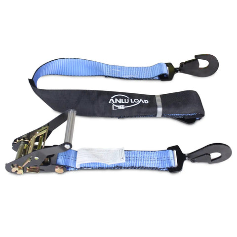 Heavy Duty Snap Hook Ratchet Straps 2 Inch By 114 Inch Axle Tie Down Set With 3300 Pound Safe Working Load 4 Pack Blue close-up