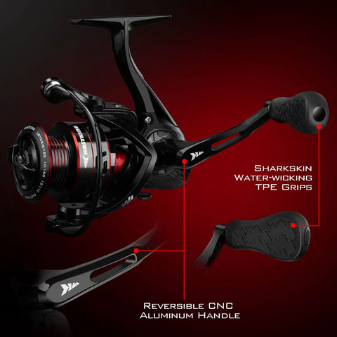 Royale Legend Spinning Reel with dual gear ratios five point two to one and six point two to one, carbon drag, sharkskin grips shown