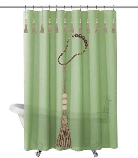 Shower Curtain Rings Set Of 12 With Wood Bead Tassels, Silent Stainless Steel Hooks Glide Smoothly, Rust Proof Bronze Finish