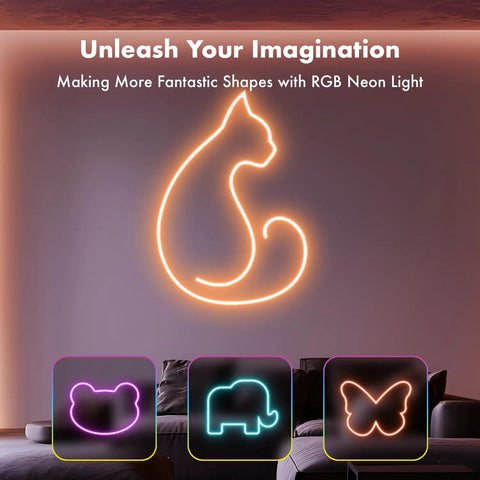 Image of a neon cat design made with Neon Rope Lights 50Ft RGB LED Strip IP67 Waterproof DIY Design Friendly Music Sync 44 Key Remote.