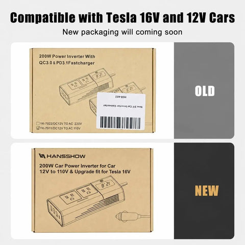 Portable 200W Car Power Inverter Dc 12 Volt To 110 Volt Ac Converter Compatible With 16 Volt Trucks Rigs And Teslas showing old and new packaging.