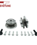 Two Front Wheel Bearing Hub Assemblies Compatible With Volkswagen Golf GTI Passat Jetta Beetle Eos CC R32 Rabbit And Audi A3 TT Quattro Q3 Models From 2005 To 2022 Drop In Front Hub Replacement Kit With Superior Fitment And Longevity Ready To Roll displayed with bolts and Revotune logo