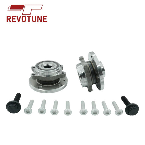 Two Front Wheel Bearing Hub Assemblies Compatible With Volkswagen Golf GTI Passat Jetta Beetle Eos CC R32 Rabbit And Audi A3 TT Quattro Q3 Models From 2005 To 2022 Drop In Front Hub Replacement Kit With Superior Fitment And Longevity Ready To Roll displayed with bolts and Revotune logo