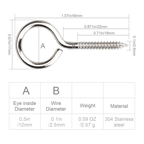 Heavy Duty 304 Stainless Steel Eye Screws 30 Pack Slick Corrosion Proof Screw Hooks For Diy Crafts Jewelry Assembly And Home Wall Displays Rock Solid Grip With Killer Stability Up To 1 57 Inch, measuring 1.57in with detailed dimensions.