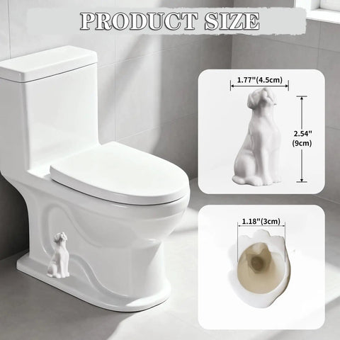 Two Pack Dog Themed White Ceramic Toilet Bolt Caps Easy Install Screw Covers For Bathroom Decor Hides Rusty Bolts On Bottom Of Toilet Tall Design For A Clean Look shown installed on a toilet with product dimensions.