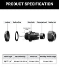 Exploded view of Ten Pack Nylon Cable Glands One Quarter Inch NPT Waterproof IP68 Cord Connectors showing parts and dimensions.