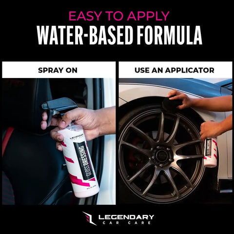 Person applying Dope Shine Gloss Dressing With Applicator 16oz Tire Shine Spray And Plastic Restorer for Cars on interior and tire.