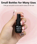 Hand holding a 7.5ml bottle from Six Color Gel Nail Polish Set With Christmas Shades Soak Off UV Gel Polish For Nail Art Manicure DIY Salon Home Gift Long Lasting Non Gloopy Finish Pro Grade Holiday Nails And Everyday Wear.