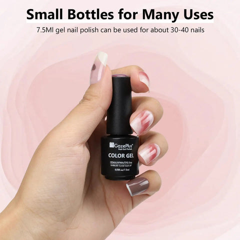 Hand holding a 7.5ml bottle from Six Color Gel Nail Polish Set With Christmas Shades Soak Off UV Gel Polish For Nail Art Manicure DIY Salon Home Gift Long Lasting Non Gloopy Finish Pro Grade Holiday Nails And Everyday Wear.