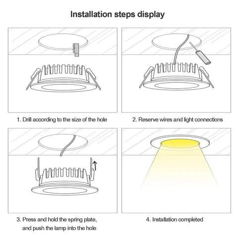 Installation steps for Four Pack Waterproof Recessed Downlight Aluminum Led Ceiling Light 30 Watt Anti Glare COB Spotlight.