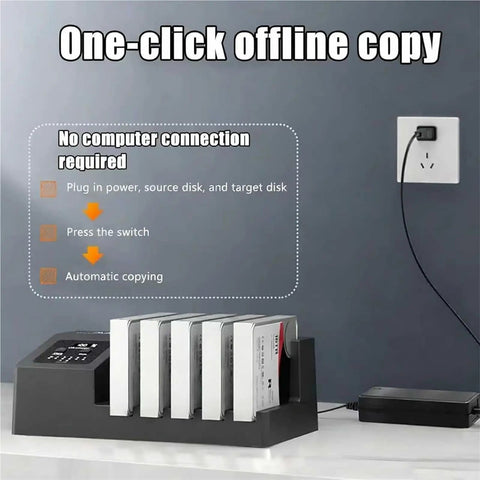 Five Bay External Hard Drive Enclosure Engineered To Flex Up To 120TB Capacity Featuring USB C Interface And Hot Swap Trays, showing offline copy setup.