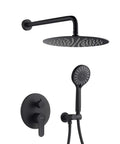 Matte Black All In One Shower System Complete Kit With 12 Inch Rainfall Shower Head And 5 Setting Handheld Rough In Valve Body