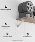 Stainless Steel L Shaped Wall Bracket Heavy Duty Shelf Support for garage holding tires on wooden shelf, brushed finish