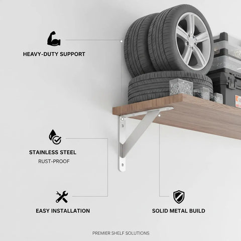 Stainless Steel L Shaped Wall Bracket Heavy Duty Shelf Support for garage holding tires on wooden shelf, brushed finish