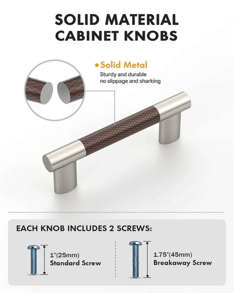10 Pack 3 Inch Brown And Satin Nickel Cabinet Pulls With Knurled Grip Coffee Silver Two Tone Handles solid metal detail