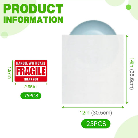 Heavy Duty Dish Packing Set For Moving Includes 25 Foam Pouches 12x14 Inch Thick One Side 1.5mm And Both Sides 3.0mm 75 Fragile Stickers