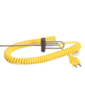 Type K Needle Probe Workhorse With Four And A Half Inch Tip For Industrial Temperature Monitoring From Minus Forty To Five Hundred Fahrenheit Quick Four Second Liquid Response Slim One Eighth Inch Diameter Durable Industrial Grade Sensor coiled with yellow cable