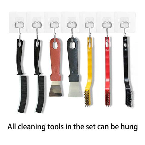 7 Piece Multi Purpose Crevice Cleaning Brush Set for Stubborn Kitchen Grime And Grease Stains hanging on hooks