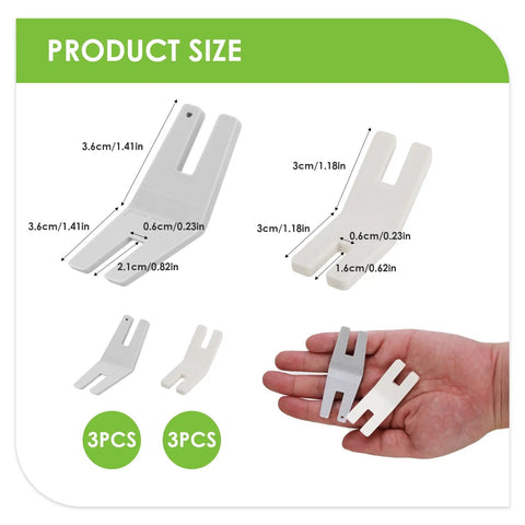 Six Piece Hump Jumper Sewing Tool Kit for Thick Hems and Denim, Seam Presser Foot, Bodkin and Button Accessories shown in hand