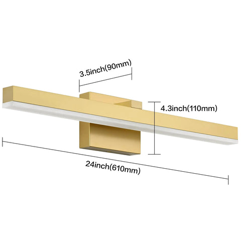 Diagram of 24 Inch LED Bath room Vanity Light Bar in Modern Gold Finish, Dimmable Over Mirror Wall Fixture, size dimensions shown