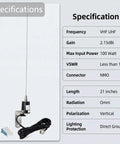 Specifications of NMO VHF UHF Mobile Antenna Kit With 21 Inch Whip For Your Ride L Bracket Mount 13.1 Foot Coax Cable And PL259 Connector