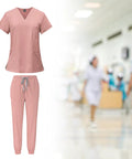 Pink Women Scrubs Set Nurse Uniform Workwear Top And Jogging Pants Easy Care Machine Washable For Spa Beauty Clinics Outfit L size