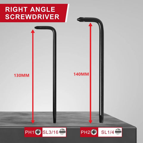 Right angle screwdriver set, 130mm and 140mm, chrome vanadium steel, PH1 PH2 SL3/16 SL1/4