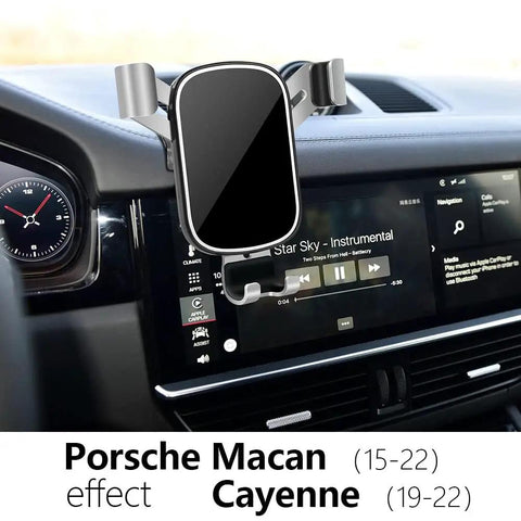 Porsche Macan 2015 2026 And Cayenne 2019 2023 Car Phone Holder Mount with Vent Clip installed on dashboard.
