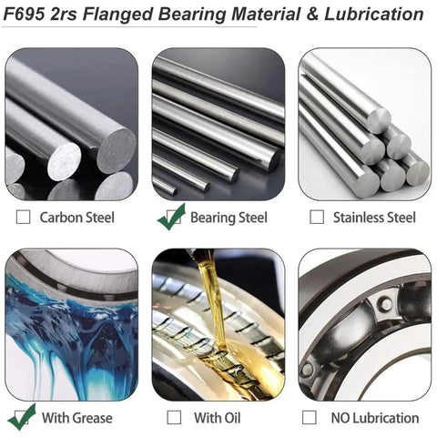 F695 2RS flanged bearing material and lubrication chart showing bearing steel and grease options