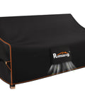 Heavy Duty Waterproof Outdoor Sofa Cover For 3 Seater Patio Couch 79 Inch Wide By 37 Inch Deep By 35 Inch High All Weather Protection Built To Last 420D Windproof Rainproof Loveseat Cover With Nano Coating At Seams on black fabric with orange stitching, covering a couch outdoors.