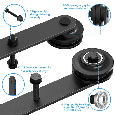 Close-up of Bypass Sliding Barn Door Hardware Kit For Four Doors Double Track 12 Foot Rail System with rollers and spacers