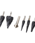 Heavy Duty Step Drill Bit Kit with M35 Cobalt Pagoda Design For Stainless Steel Hard Metal Wood Plastic And Copper Plus 14 Inch Shank Versatile Tool Set, six bits
