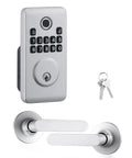 Silver Fingerprint Deadbolt Keyless Entry Door Lock With Hella Secure Biometric Access Random Anti Peep Password And Smooth Auto Lock Timing For Zero Fuss Everyday Home Safety with keypad and handles.